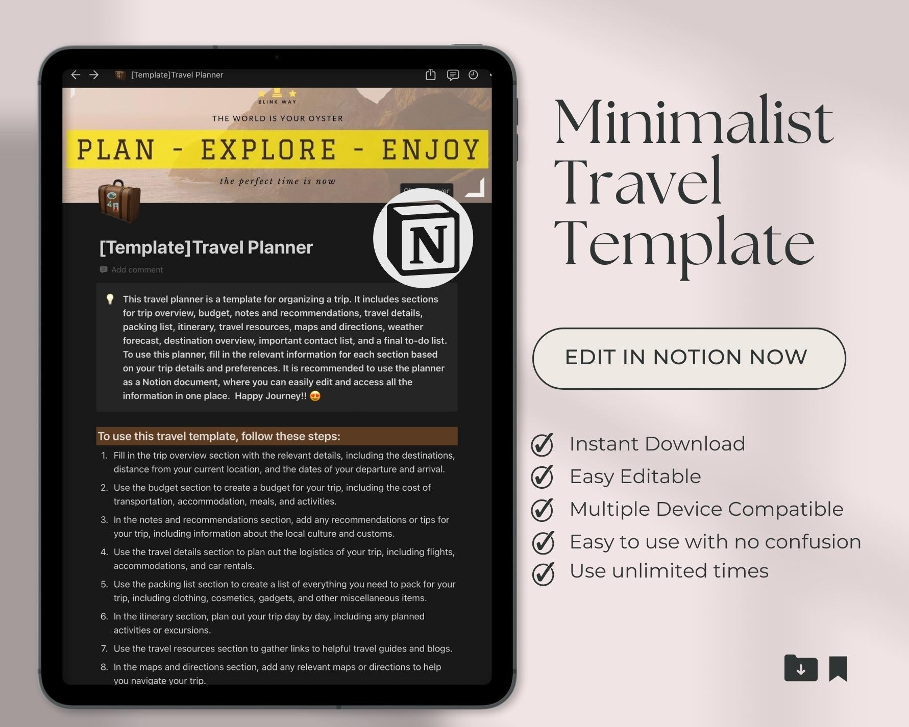 Ultimate Minimalist Travel Planner Notion Template | Vacation Journey Organizer | Itinerary & Travel Journal | Notion Templates Blinkway